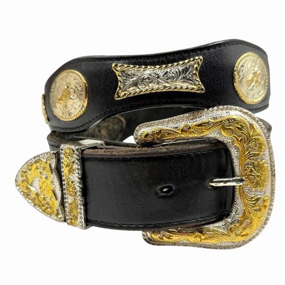 MENS VTG WESTERN CONCHO BELT BLACK LEATHER SILVER & GOLD RODEO COWBOY MEXICO 32 - Picture 1 of 7